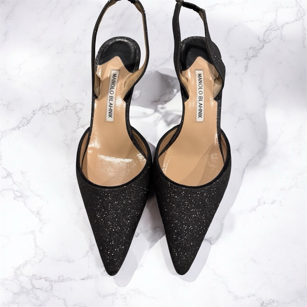 Manolo Blahnik Carolyne Black Glitter Slingback Pump